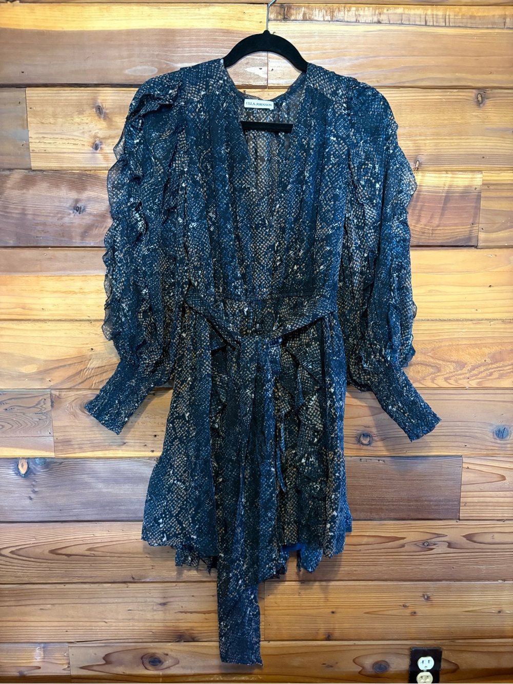 Ulla Johnson Dark Blue and Gold Metallic Snake-Print Ruffled Mini Dress